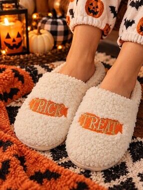 Dluxe by Dearfoams White Fuzzy Trick or Treat Halloween Slippers Women's Lounge